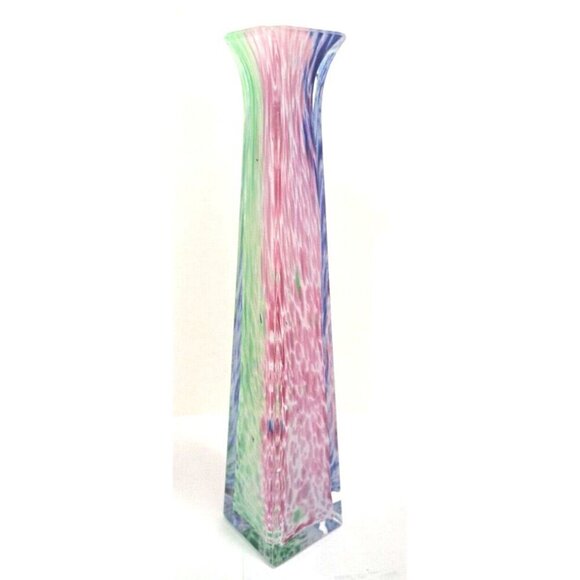 Vintage 9" Tall Square Lavorazione Murano Multicolor Hand Blown Bud Vase FLAW! - Picture 3 of 10